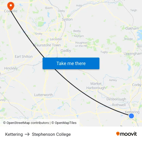 Kettering to Stephenson College map