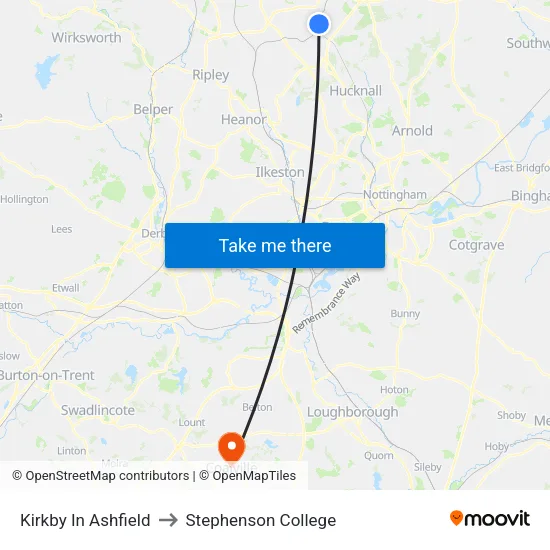 Kirkby In Ashfield to Stephenson College map