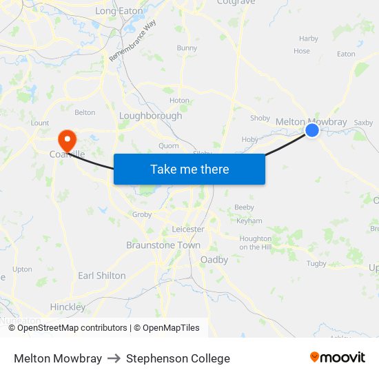 Melton Mowbray to Stephenson College map