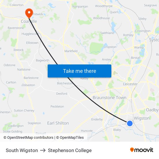 South Wigston to Stephenson College map