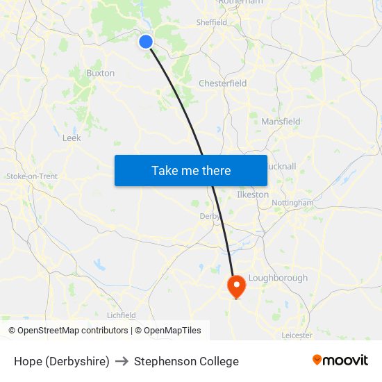 Hope (Derbyshire) to Stephenson College map