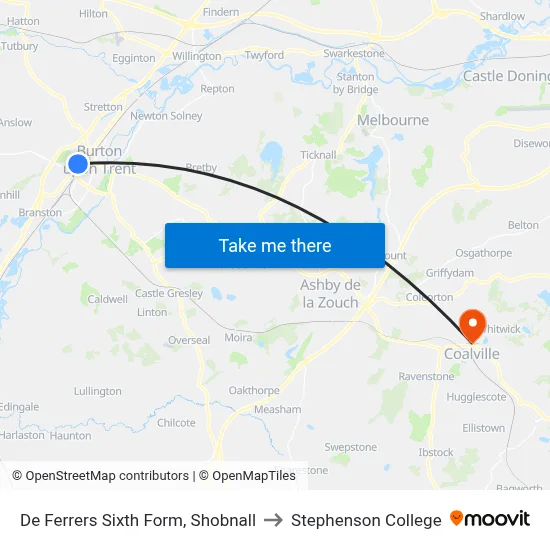 De Ferrers Sixth Form, Shobnall to Stephenson College map