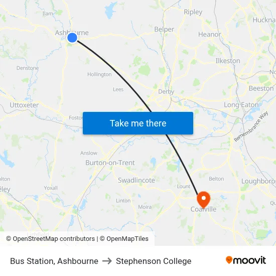 Bus Station, Ashbourne to Stephenson College map