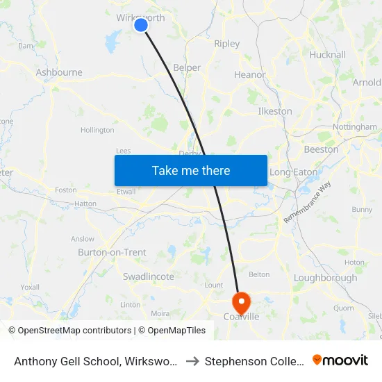 Anthony Gell School, Wirksworth to Stephenson College map