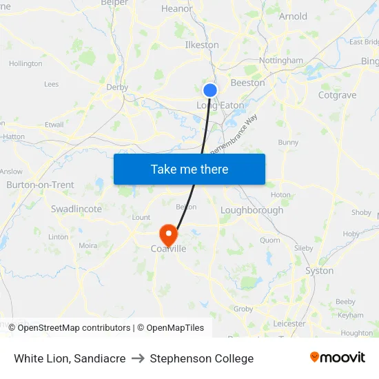 White Lion, Sandiacre to Stephenson College map
