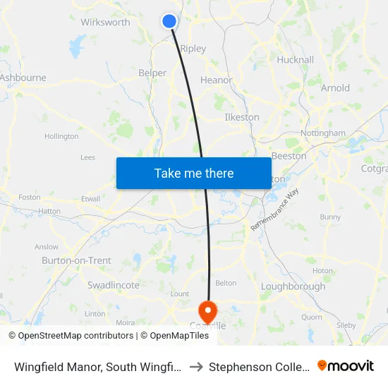 Wingfield Manor, South Wingfield to Stephenson College map