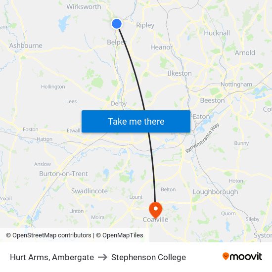 Hurt Arms, Ambergate to Stephenson College map