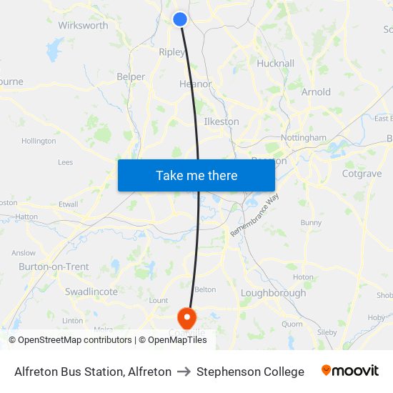 Alfreton Bus Station, Alfreton to Stephenson College map