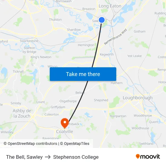 The Bell, Sawley to Stephenson College map