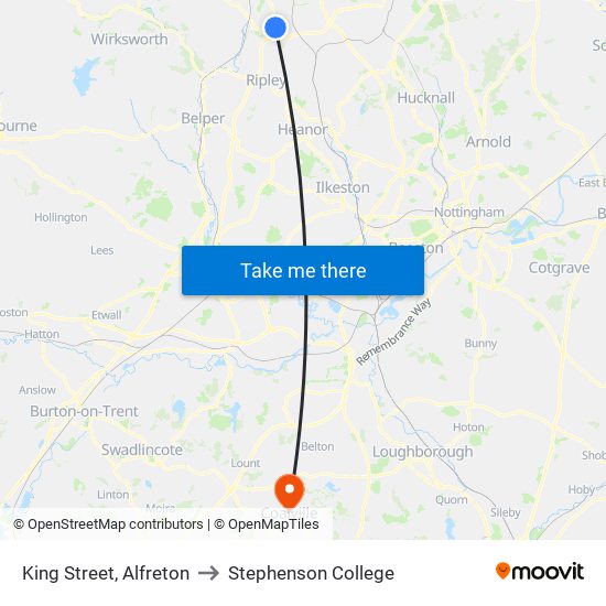 King Street, Alfreton to Stephenson College map