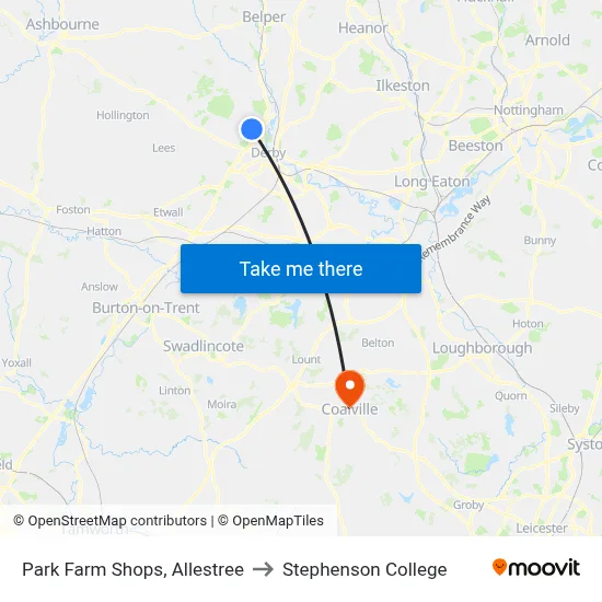 Park Farm Shops, Allestree to Stephenson College map
