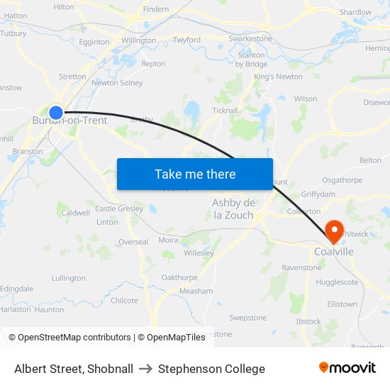 Albert Street, Shobnall to Stephenson College map