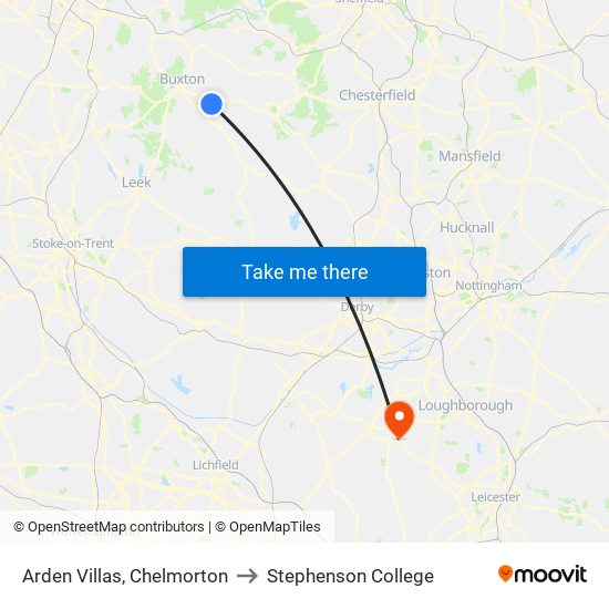 Arden Villas, Chelmorton to Stephenson College map