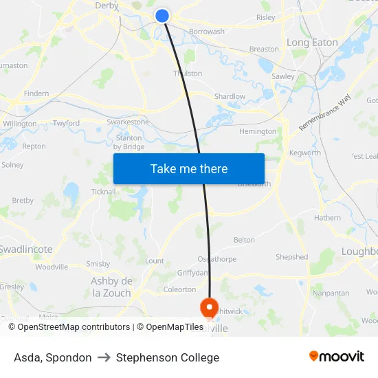 Asda, Spondon to Stephenson College map