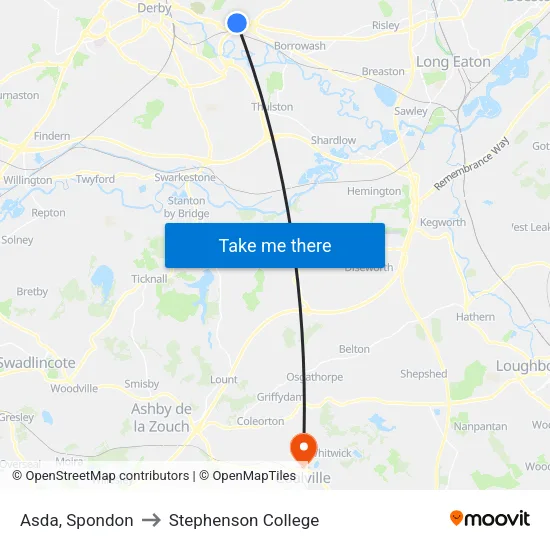 Asda, Spondon to Stephenson College map