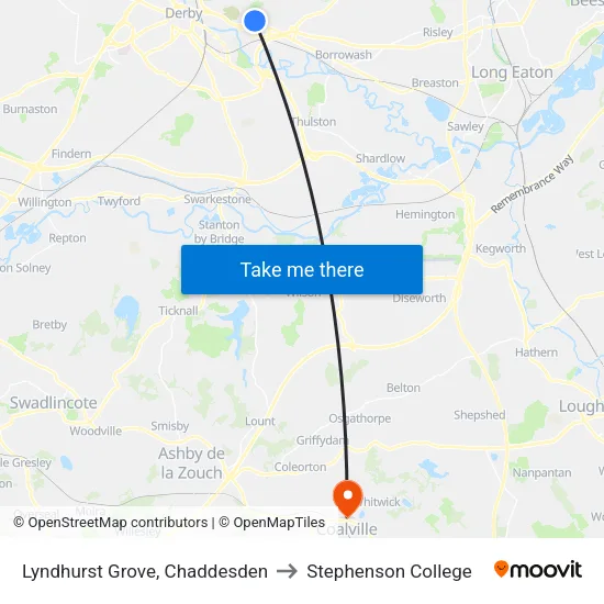 Lyndhurst Grove, Chaddesden to Stephenson College map