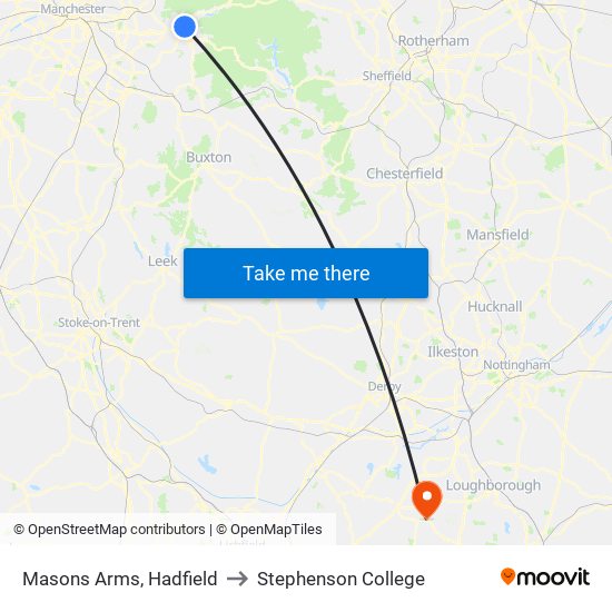 Masons Arms, Hadfield to Stephenson College map