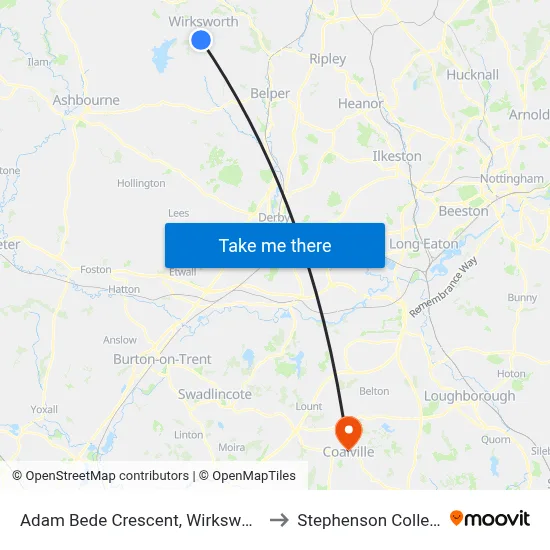 Adam Bede Crescent, Wirksworth to Stephenson College map