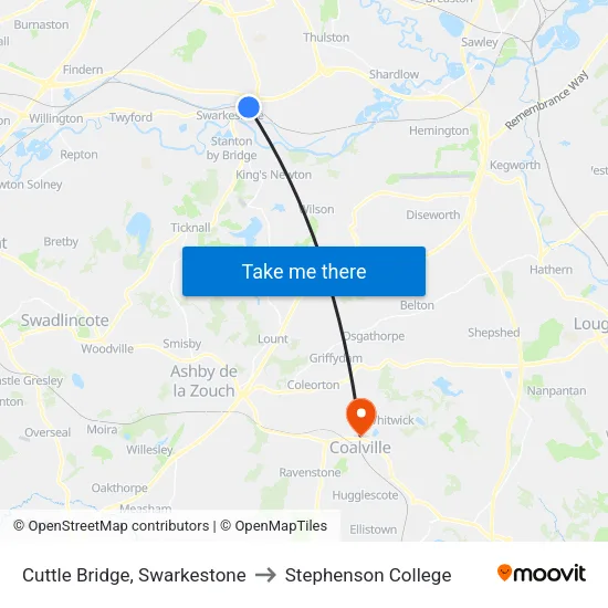 Cuttle Bridge, Swarkestone to Stephenson College map