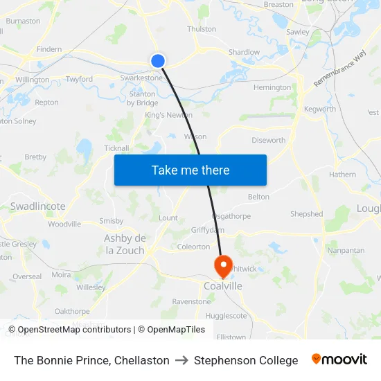 The Bonnie Prince, Chellaston - Derby to Stephenson College map