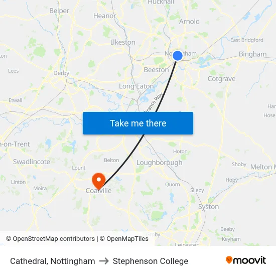 Cathedral, Nottingham to Stephenson College map