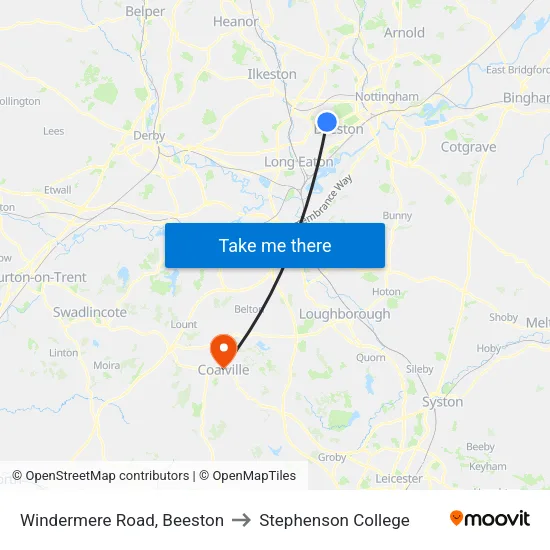 Windermere Road, Beeston to Stephenson College map