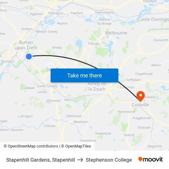Stapenhill Gardens, Stapenhill to Stephenson College map