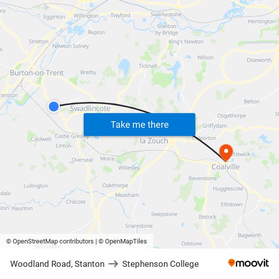 Woodland Road, Stanton to Stephenson College map