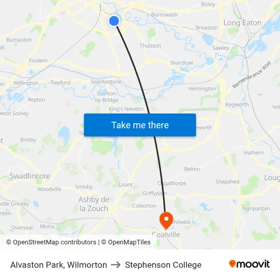Alvaston Park, Wilmorton to Stephenson College map