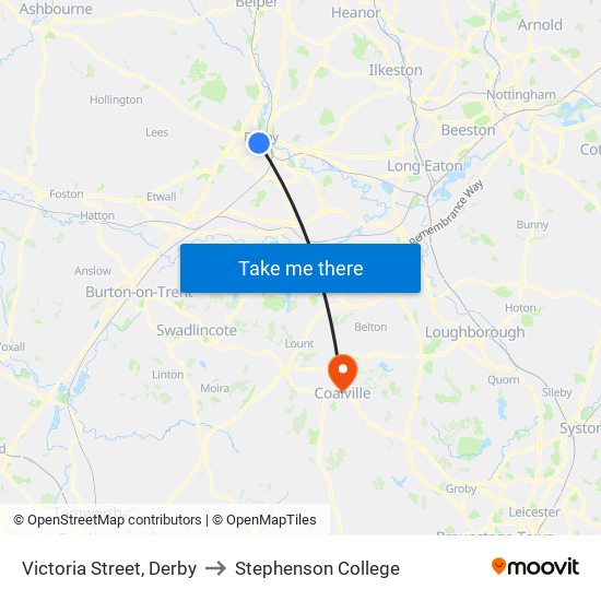 Victoria Street, Derby to Stephenson College map