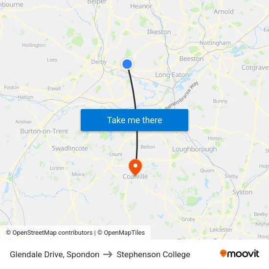 Glendale Drive, Spondon to Stephenson College map