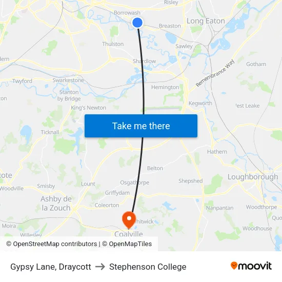 Gypsy Lane, Draycott to Stephenson College map