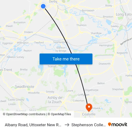Albany Road, Uttoxeter New Road to Stephenson College map