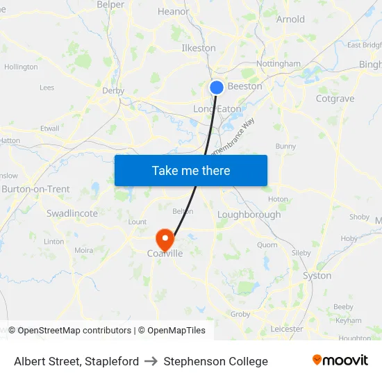 Albert Street, Stapleford to Stephenson College map