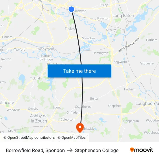 Borrowfield Road, Spondon to Stephenson College map