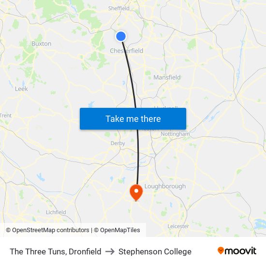 The Three Tuns, Dronfield to Stephenson College map