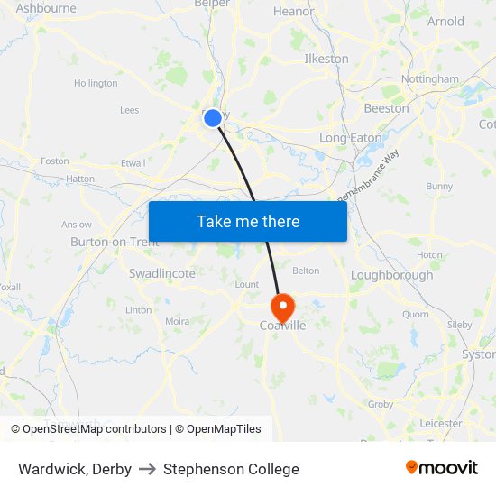 Wardwick, Derby to Stephenson College map