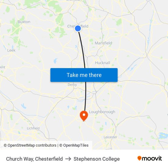 Church Way, Chesterfield to Stephenson College map