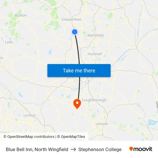 Blue Bell Inn, North Wingfield to Stephenson College map