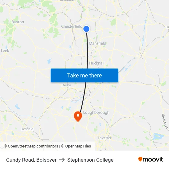 Cundy Road, Bolsover to Stephenson College map