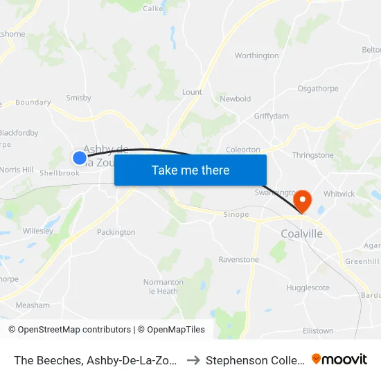 The Beeches, Ashby-De-La-Zouch to Stephenson College map