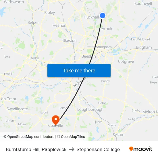 Burntstump Hill, Papplewick to Stephenson College map