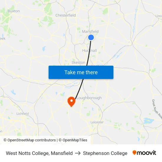 West Notts College, Mansfield to Stephenson College map