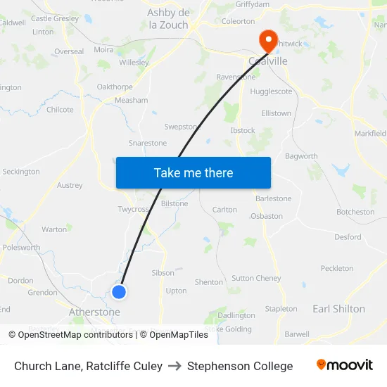 Church Lane, Ratcliffe Culey to Stephenson College map