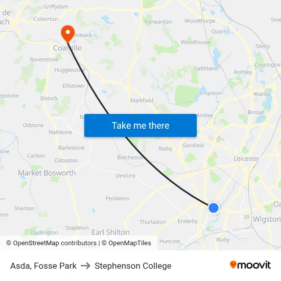Asda, Fosse Park to Stephenson College map