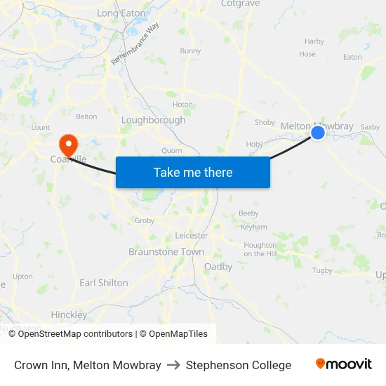 Crown Inn, Melton Mowbray to Stephenson College map