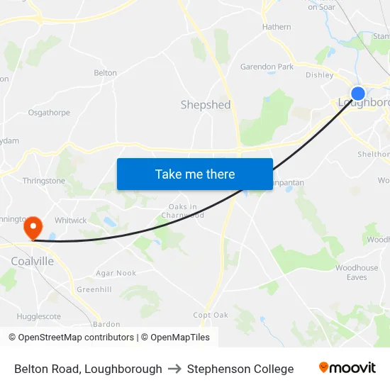 Belton Road, Loughborough to Stephenson College map