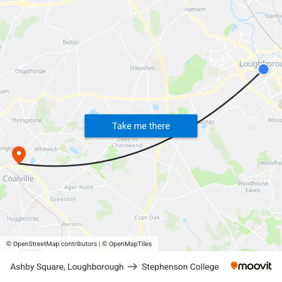 Ashby Square, Loughborough to Stephenson College map