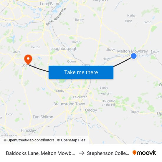 Baldocks Lane, Melton Mowbray to Stephenson College map