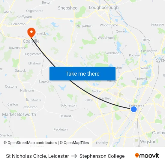 St Nicholas Circle, Leicester to Stephenson College map